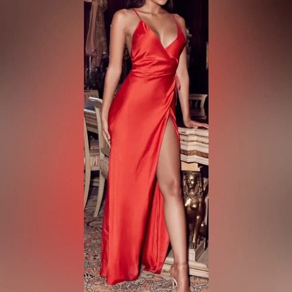 House of CB Dresses & Skirts - House of CB Audreyana Satin Wrap Maxi Dress Red Size Medium